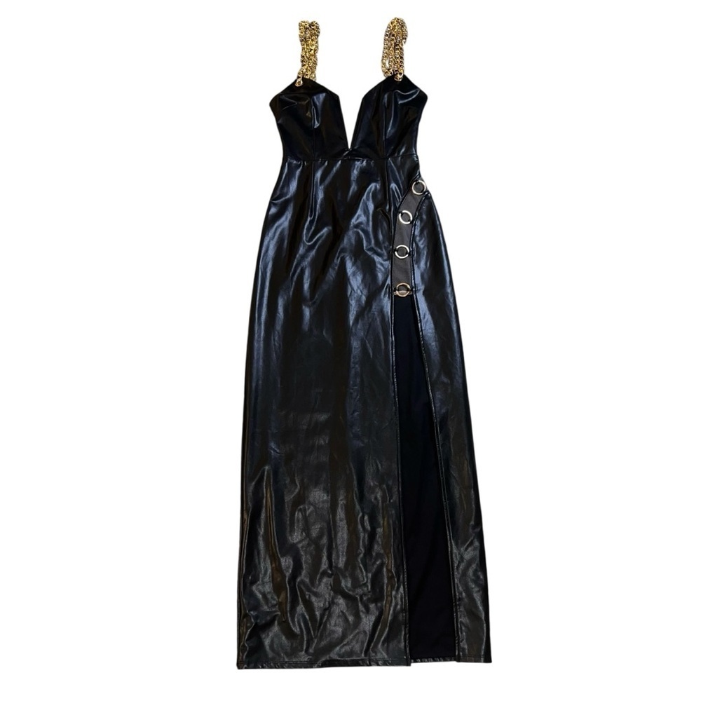 NWT Michael Costello X Revolve Black Faux Leather Maxi Dress Gold Chain Straps S - Picture 4 of 14